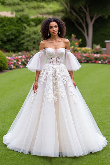 Corset Off The Shoulder Ivory Appliqued Wedding Dress